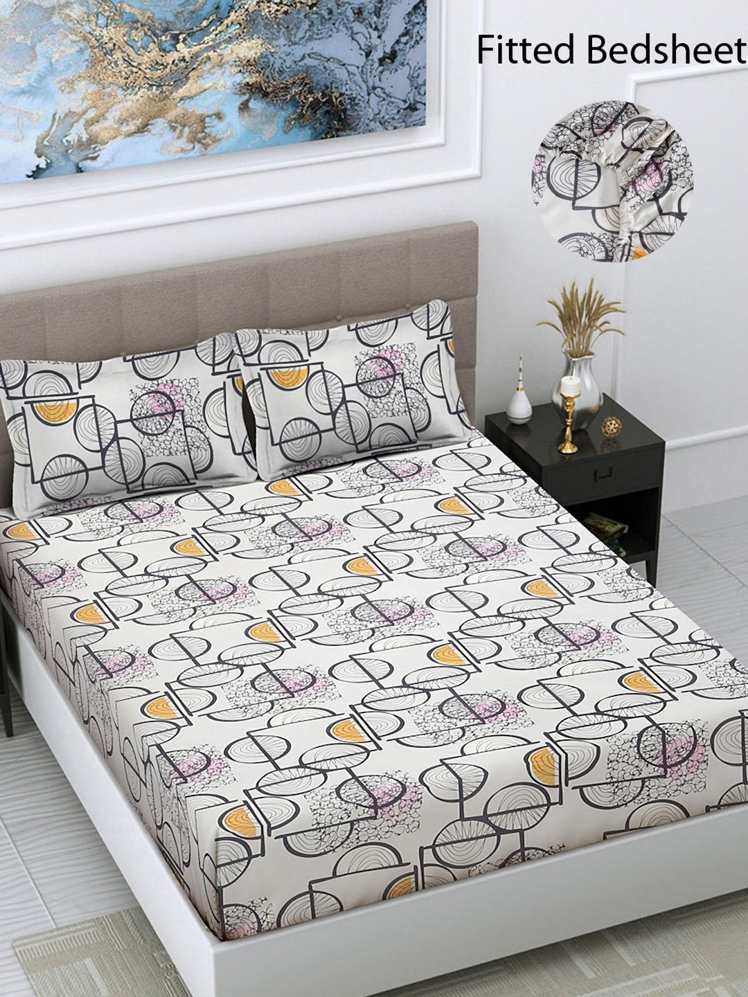 Myntra Elegant Homes White Geometric Polycotton Breathable 300 TC Fitted King Fine Bedsheet with 2 Pillow Covers-98 x 89 inches