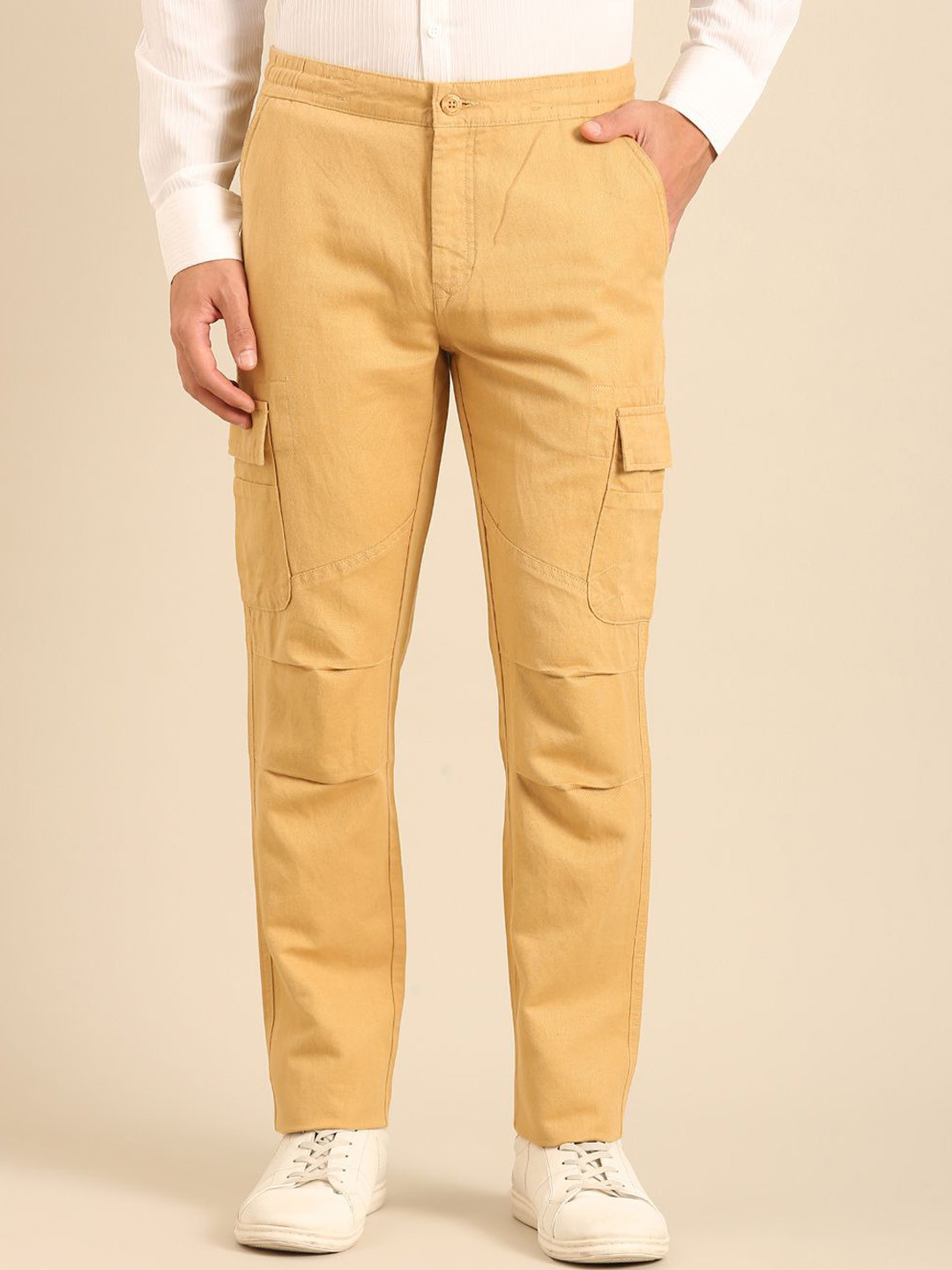 Linen Club Men Mid-Rise Slim Fit Linen Cargos Trousers