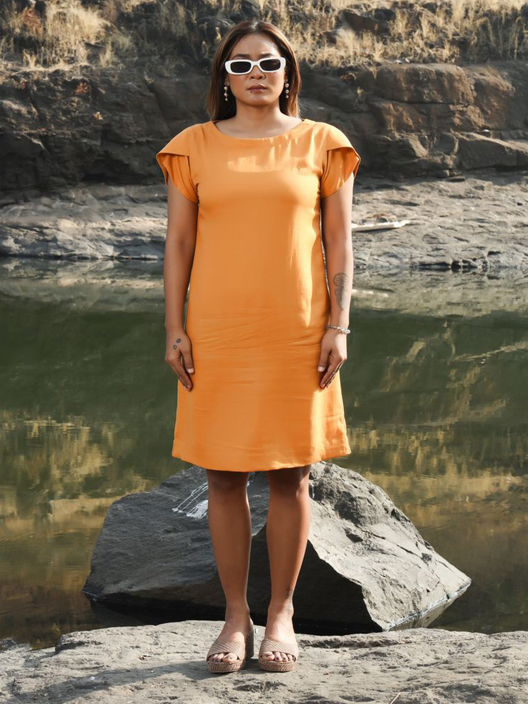 ROAR FOR GOOD Regular Fit Hemp A-Line Dress with Petal Sleeves