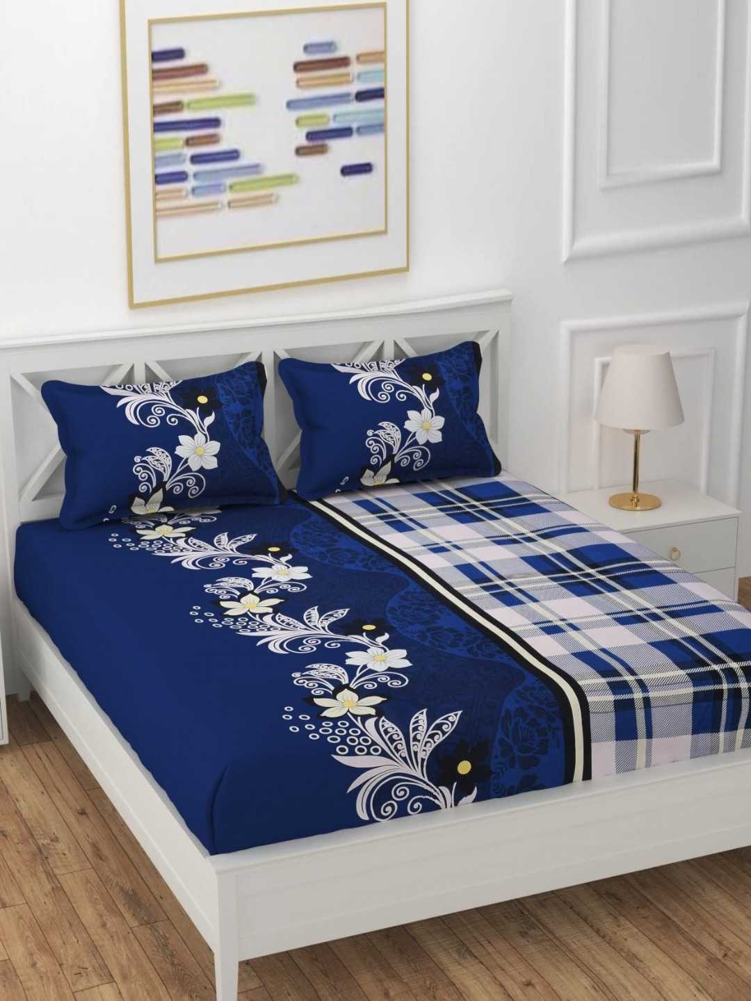 KIDS WONDERS Blue Floral Microfiber 160 TC Fitted King Bedsheet with 2 Pillow Covers-71 x 75 inches
