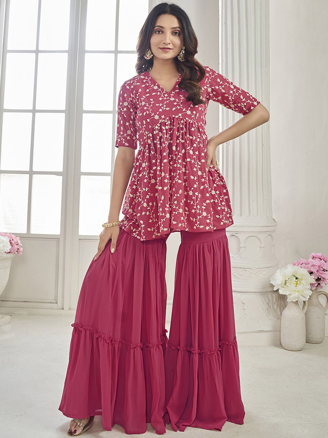 Inddus Floral Embroidered V Neck Top With Sharara Co-Ords