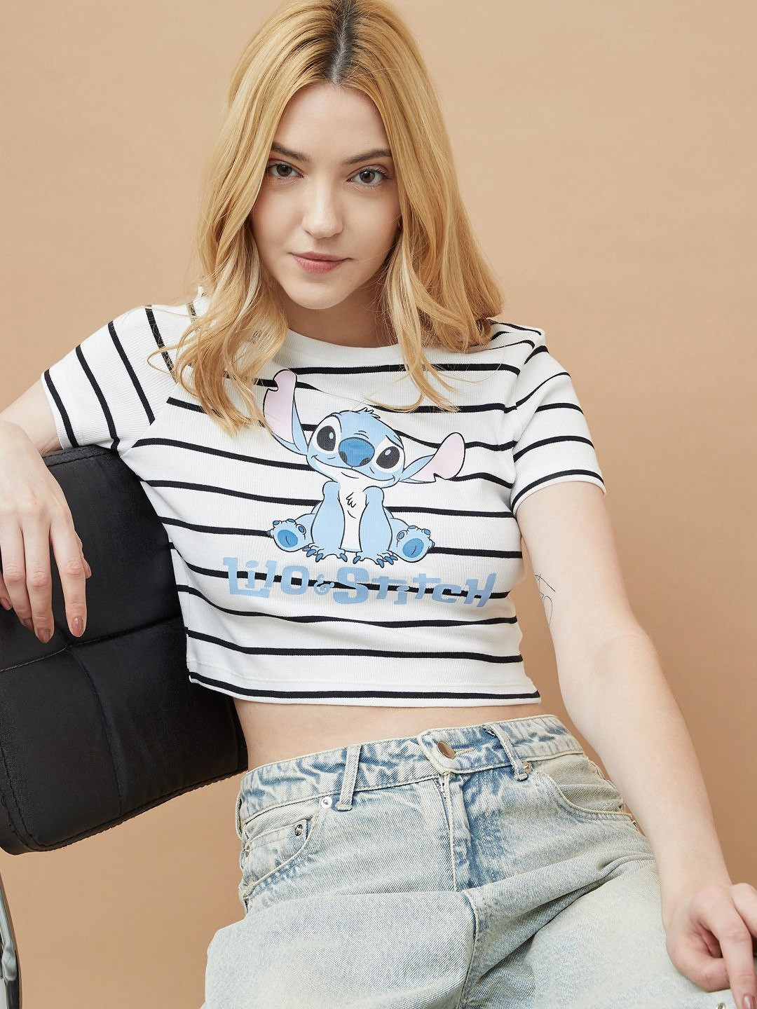 Ginger by Lifestyle Women Stitch Striped Round Neck Cotton T-shirt