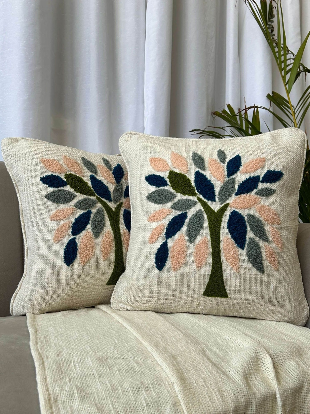 EXPORT HOUSE Ultra-Soft Floral Cotton 2 Pcs Embroidered Cushion Covers - 16x16In