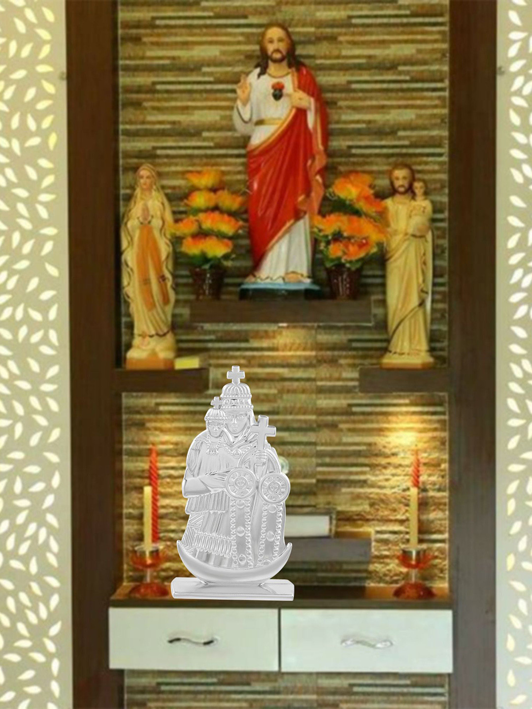 MEMOIR Mother Mary Madha Velankanni Christian Silver Stainless steel Metallic Prayer Room Small Showpiece - 4 Inches