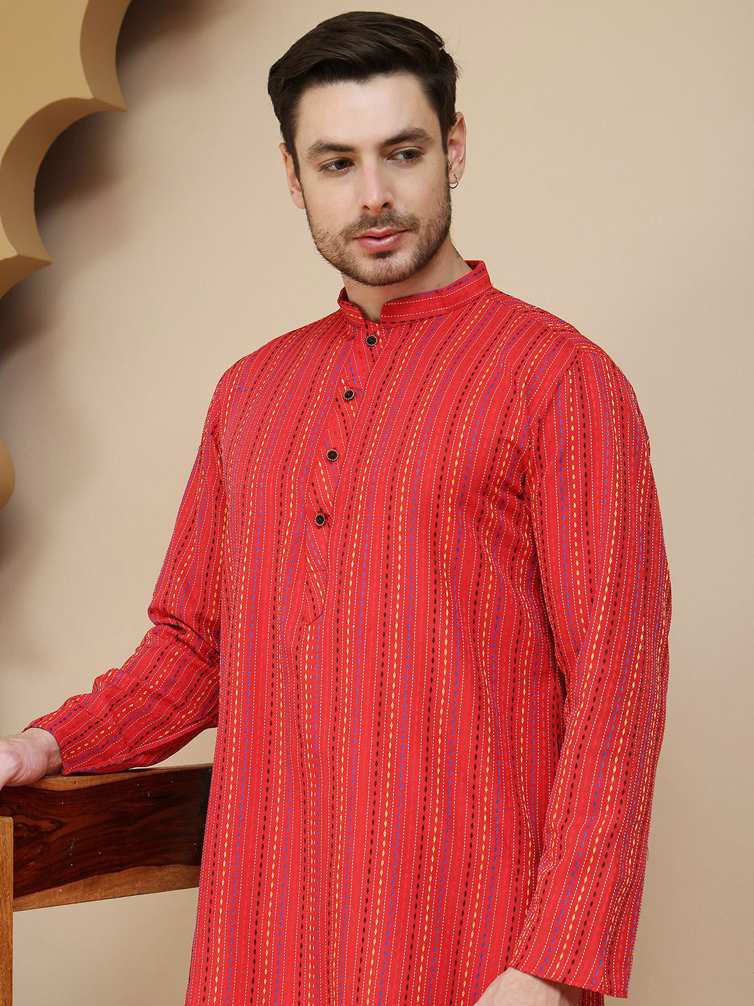 Anouk Mirage Geometric Woven Design Mandarin Collar Straight Kurta With Pyjamas