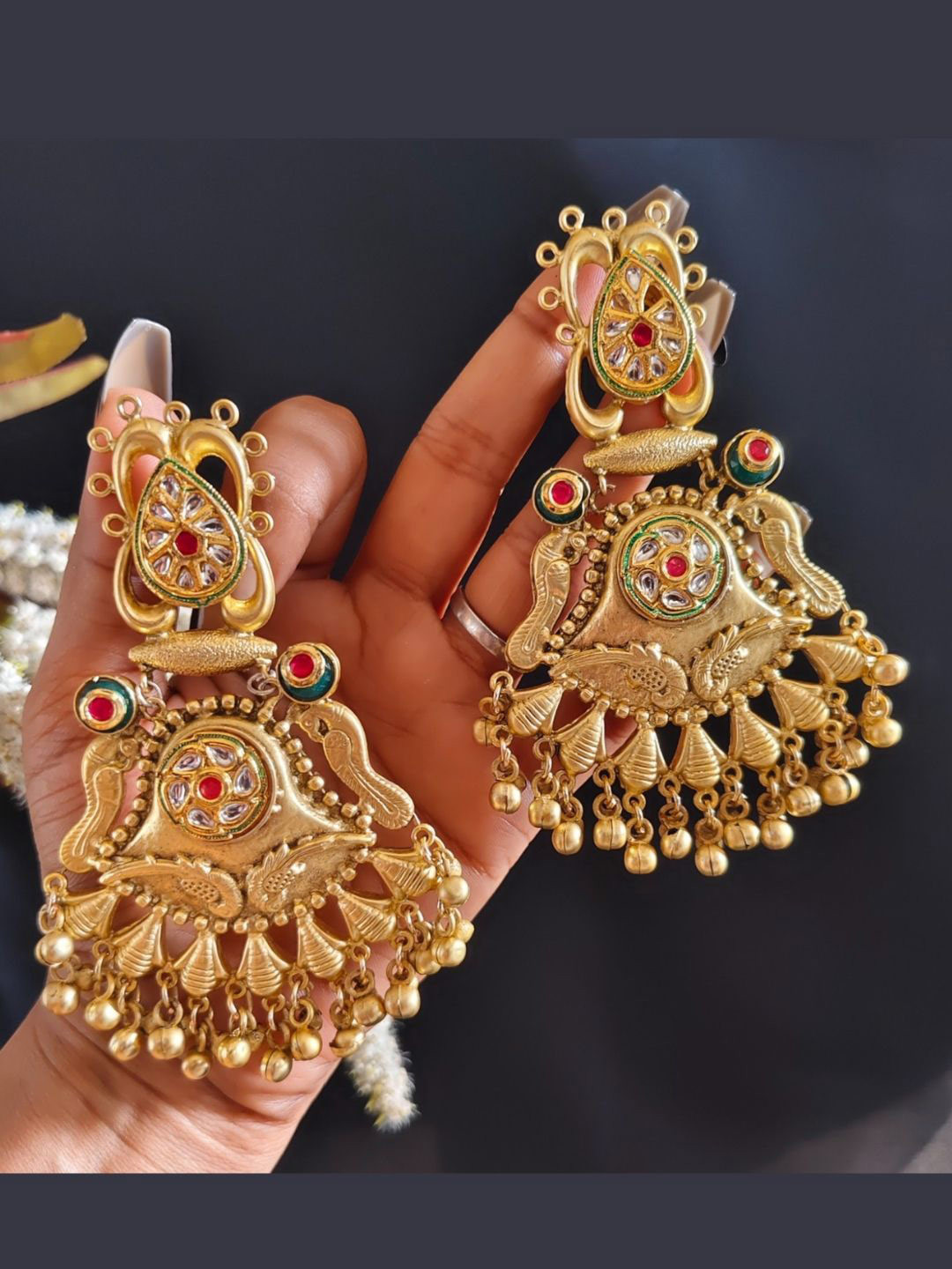 J & C Fashion Arena Gold-Plated Stones Studded and Beaded Contemporary Drop Earrings