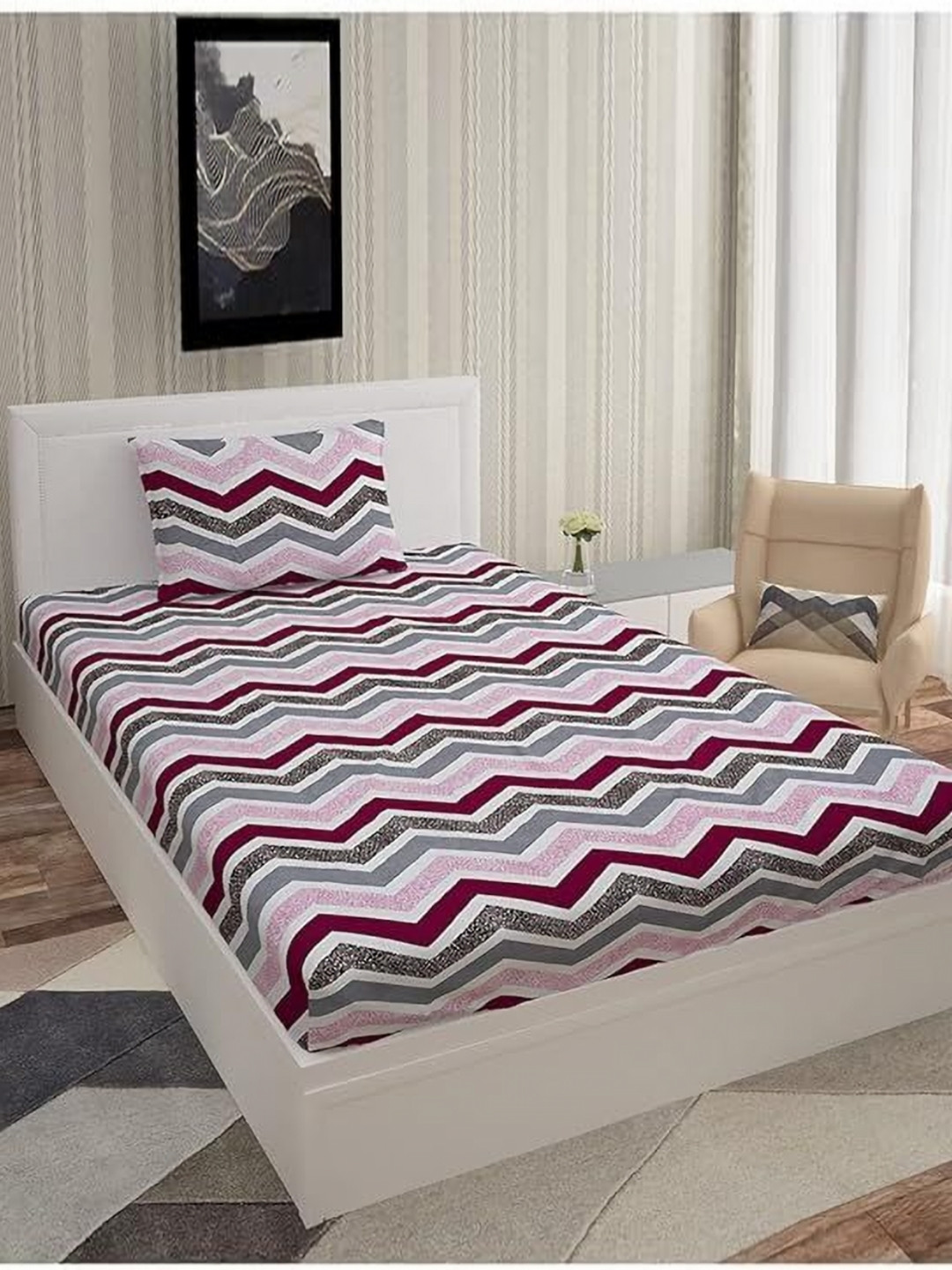 METRO LIVING Pink Chevron Microfiber 130 TC Single Coarse Bedsheet with a Pillow Cover-85 x 57 inches