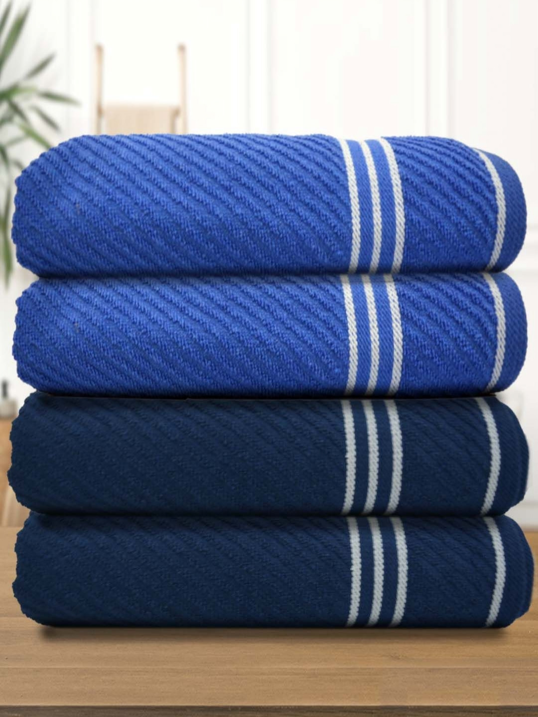 Myntra Elegant Homes Blue & Navy Blue 4 Pieces Striped Cotton 400 GSM Bath Towels