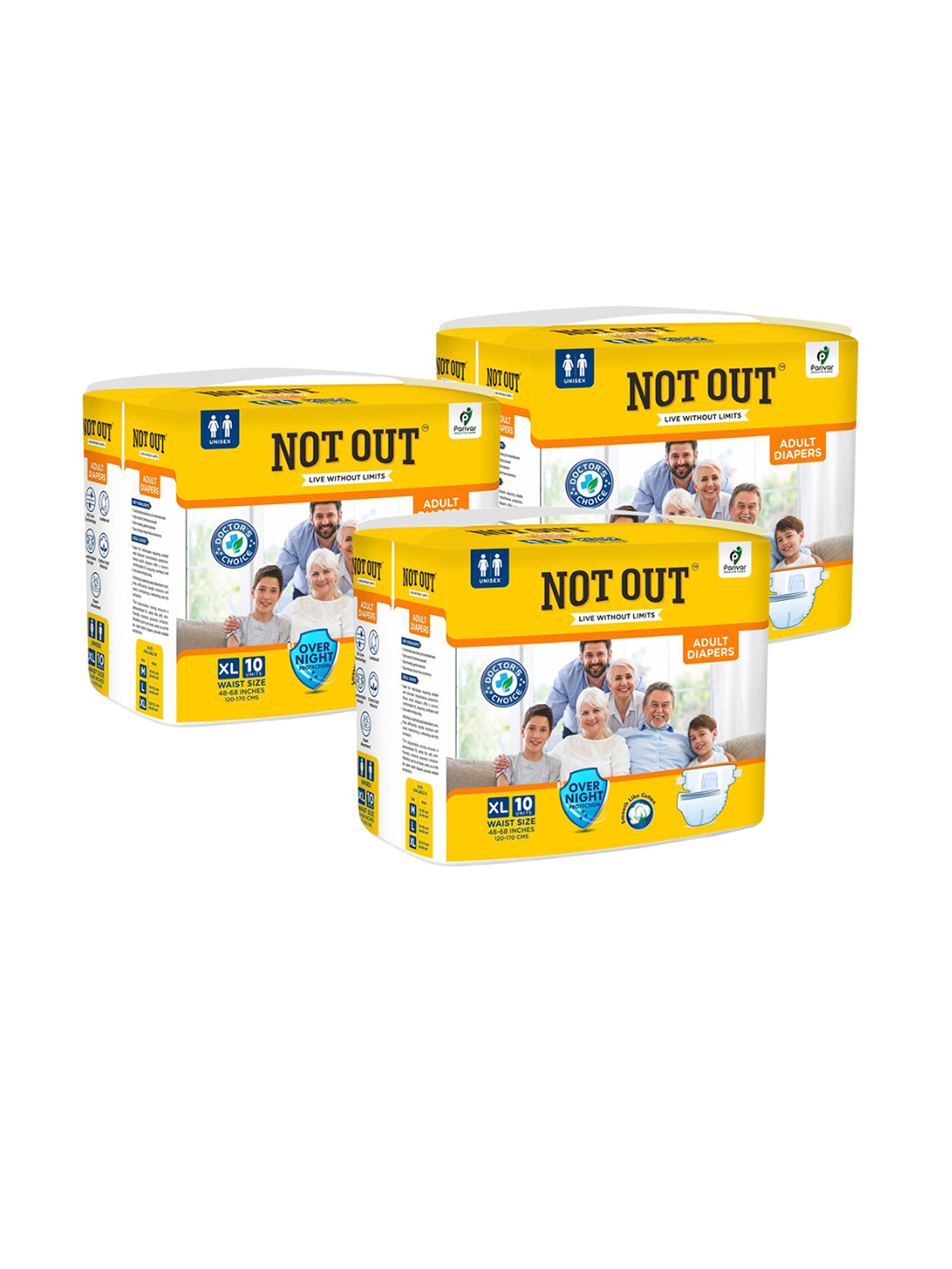 Not Out Pack Of 3 3D Core Technology Adult Diapers- 10 Pieces Each - XL