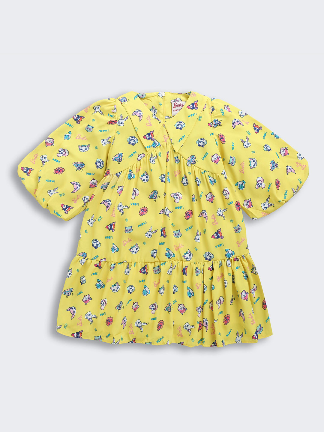 Tiny Graphic Print Puff Sleeve Layered Fit & Flare Dress