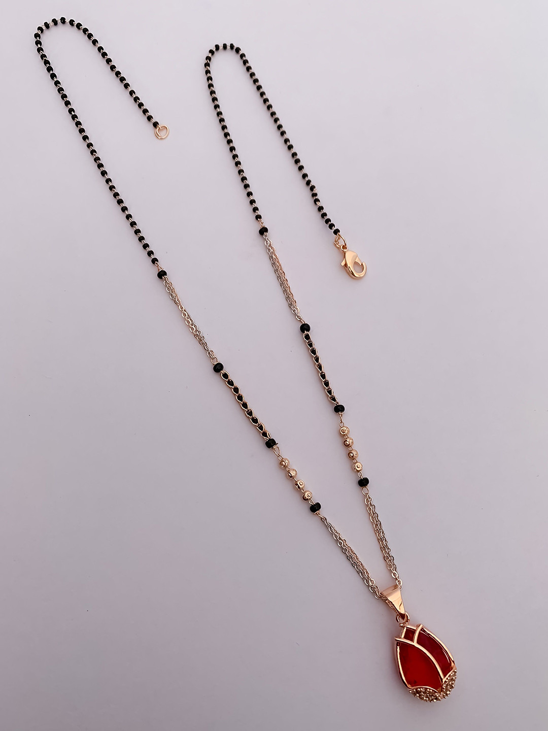 BELLEZA JEWELS Rose Gold-Plated Ruby Studded & Beaded Mangalsutra