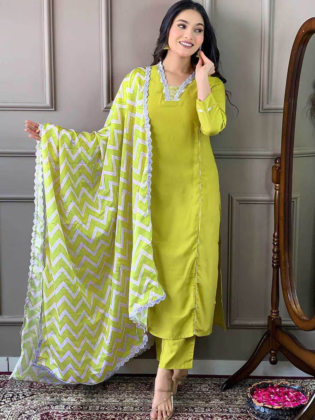 BAESD Panelled V-Neck Thread Work Chinon Straight Kurta With Trousers & Dupatta