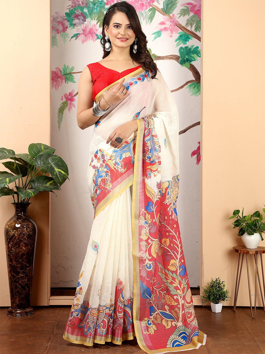 nouk Women Kalamkari Linen Blend  Saree