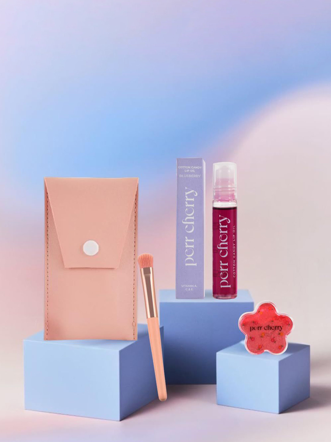 PERR CHERRY Set Of 4 Cotton Candy Lip Oil- Highlighter- Peery Cherry Brush & Makeup Pouch