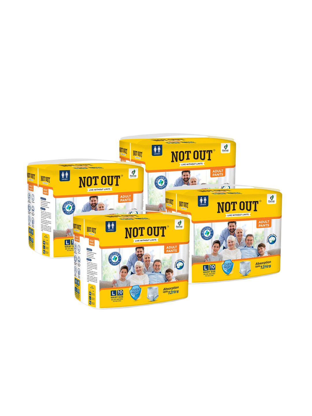 Not Out Set Of 4 3D Core Technology Adult Diapers - 10 Pieces Each - L