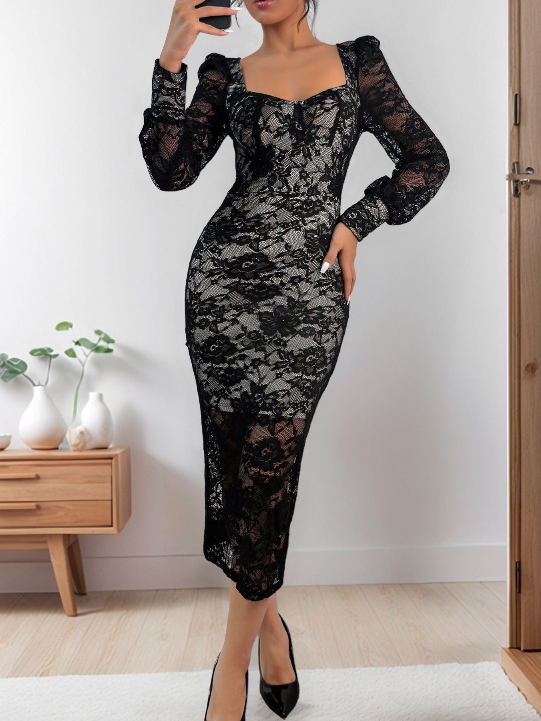 StyleCast Women Lace Detail Semi Sheer Bodycon Midi Dress
