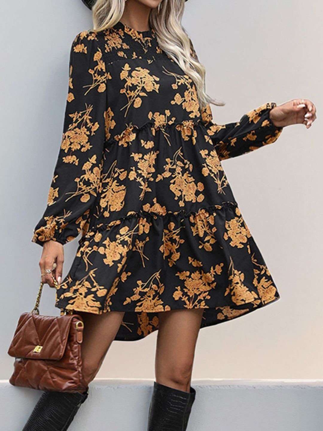 StyleCast Women Floral Print Long Sleeves Knee Length A-Line Dress