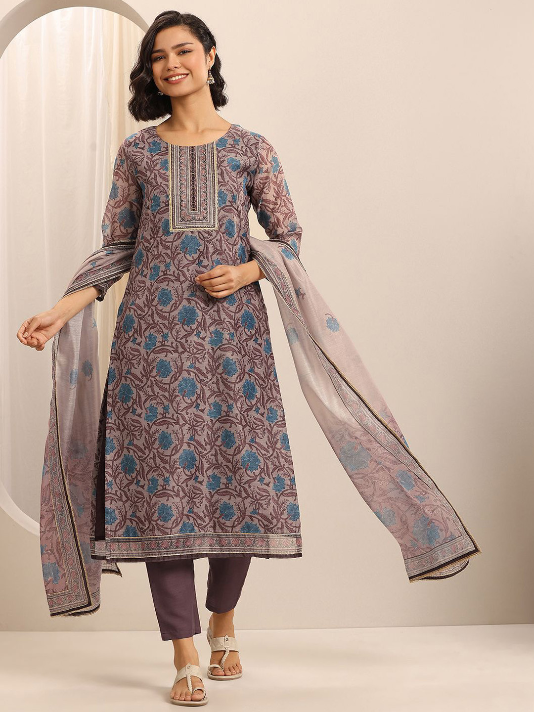 Libas Floral Printed Round Neck Mirror Work Straight Kurta With Trousers & Dupatta
