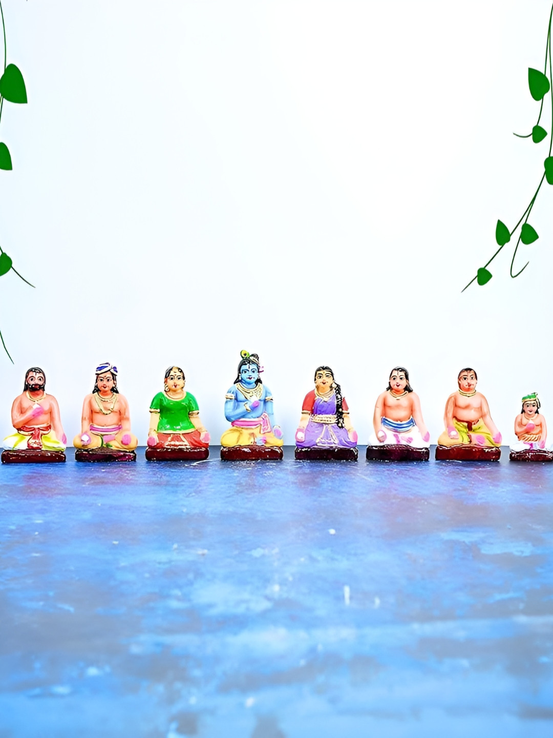 PujaNPujari Krishna Bhojanam Golu Dolls Set Gold Clay Matte Prayer Room 8 Piece Medium Showpieces - 6 Inches