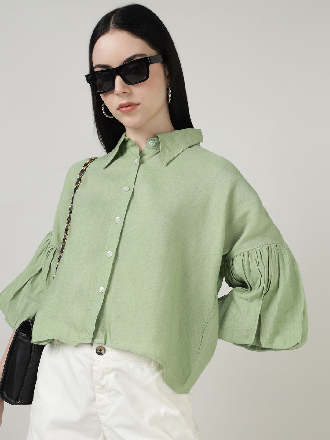 Sands of India Green Bell Sleeve Linen Shirt Style Shirt