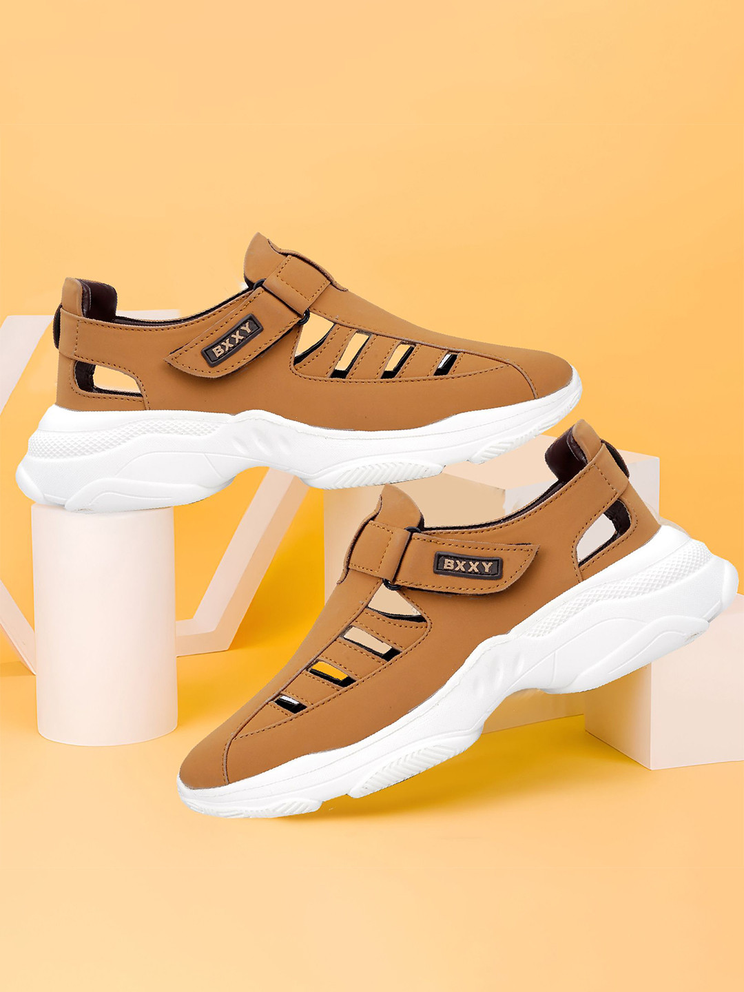 Bxxy Men Tan Leather Velcro Fisherman Sandals