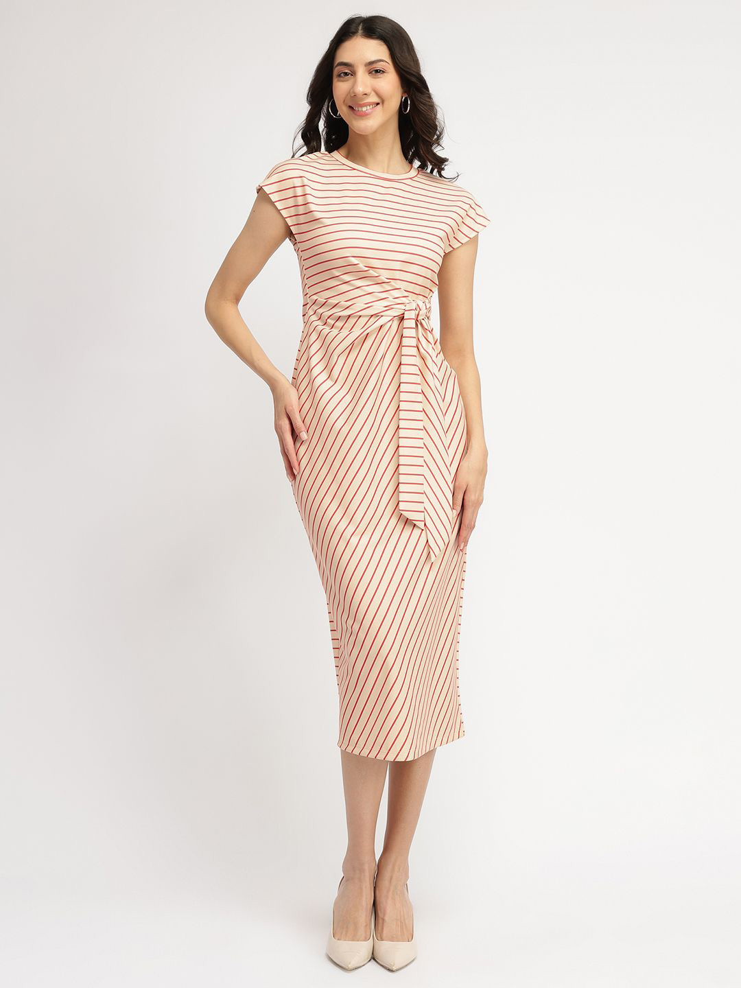 FABLE STREET Women Striped  Tie-Up Midi Dress - Cream