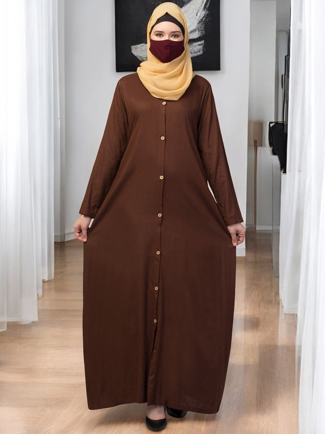 BASHARIYA Front Open Abaya Dress With Wooden Button
