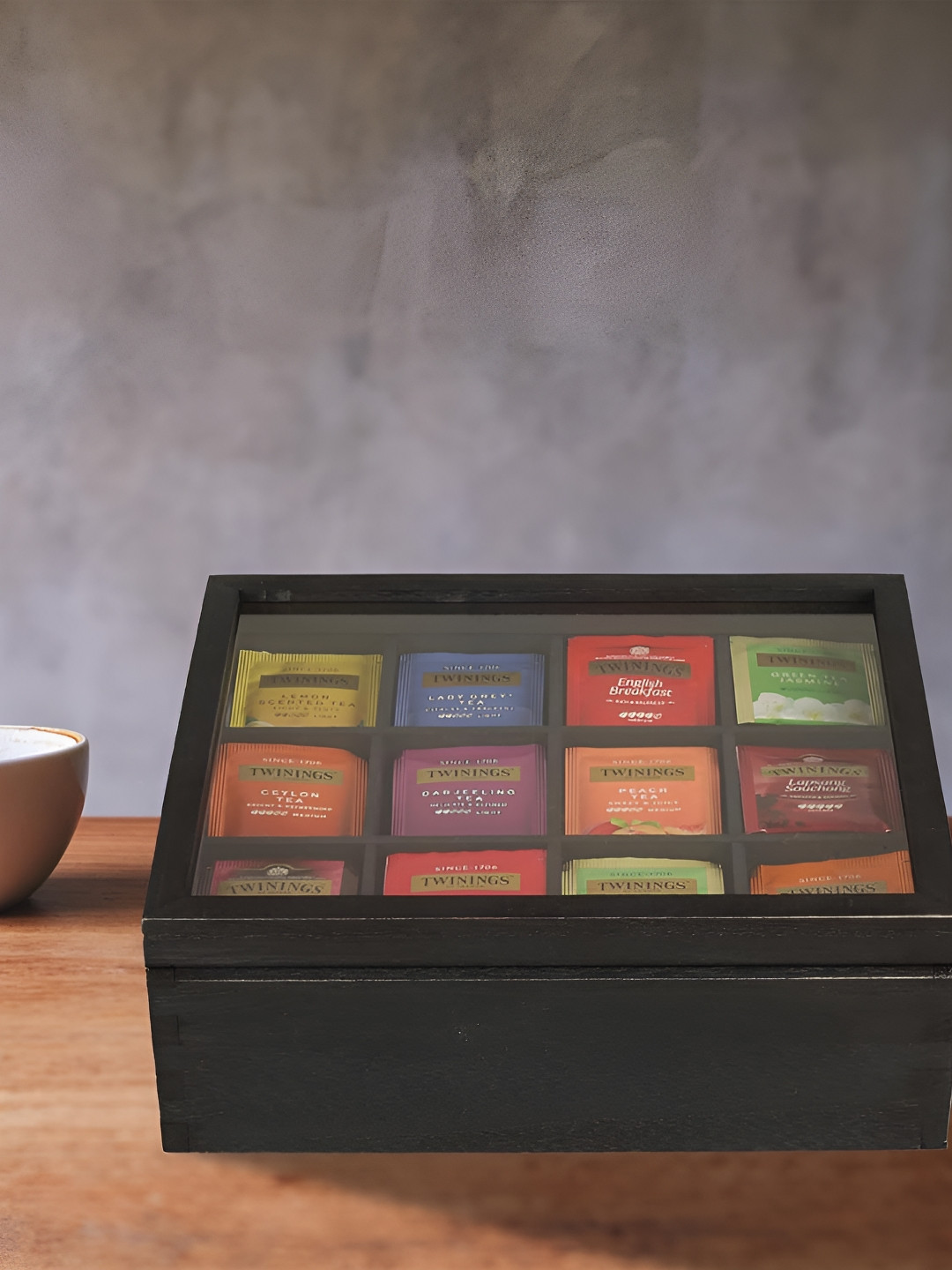 WHITEWHALE Black Tea Bag Organiser Box With Glass Window