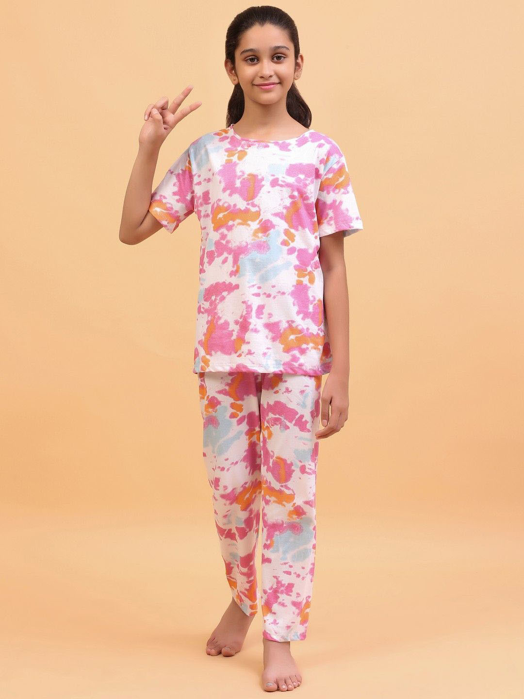 Ninos Dreams Girl's Tie and Dye Printed T-shirt Pyjamas Pure Cotton Night suit