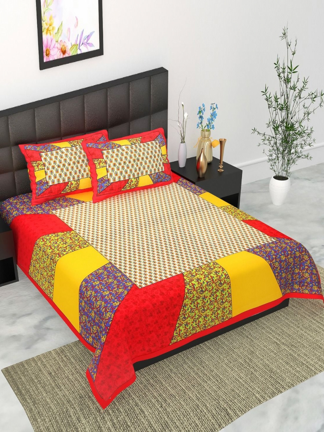 UNIBLISS Red Floral Cotton 144 TC Queen Bedsheet with 2 Pillow Covers-85 x 93 inches