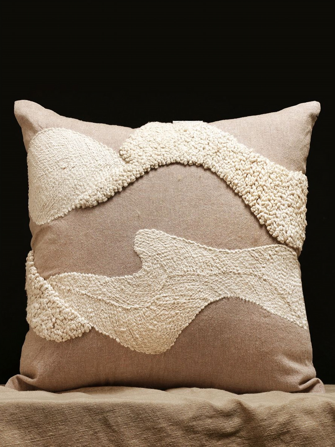 ANWYN Modern Indie Beige & Brown Embroidered Cotton Square Cushion Cover