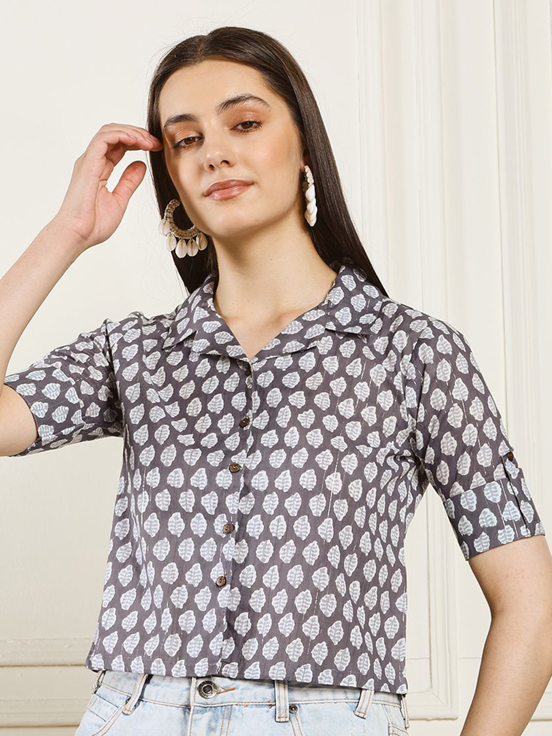 HANDICRAFT PALACE Print Roll-Up Sleeves Cotton Tank Crop Top