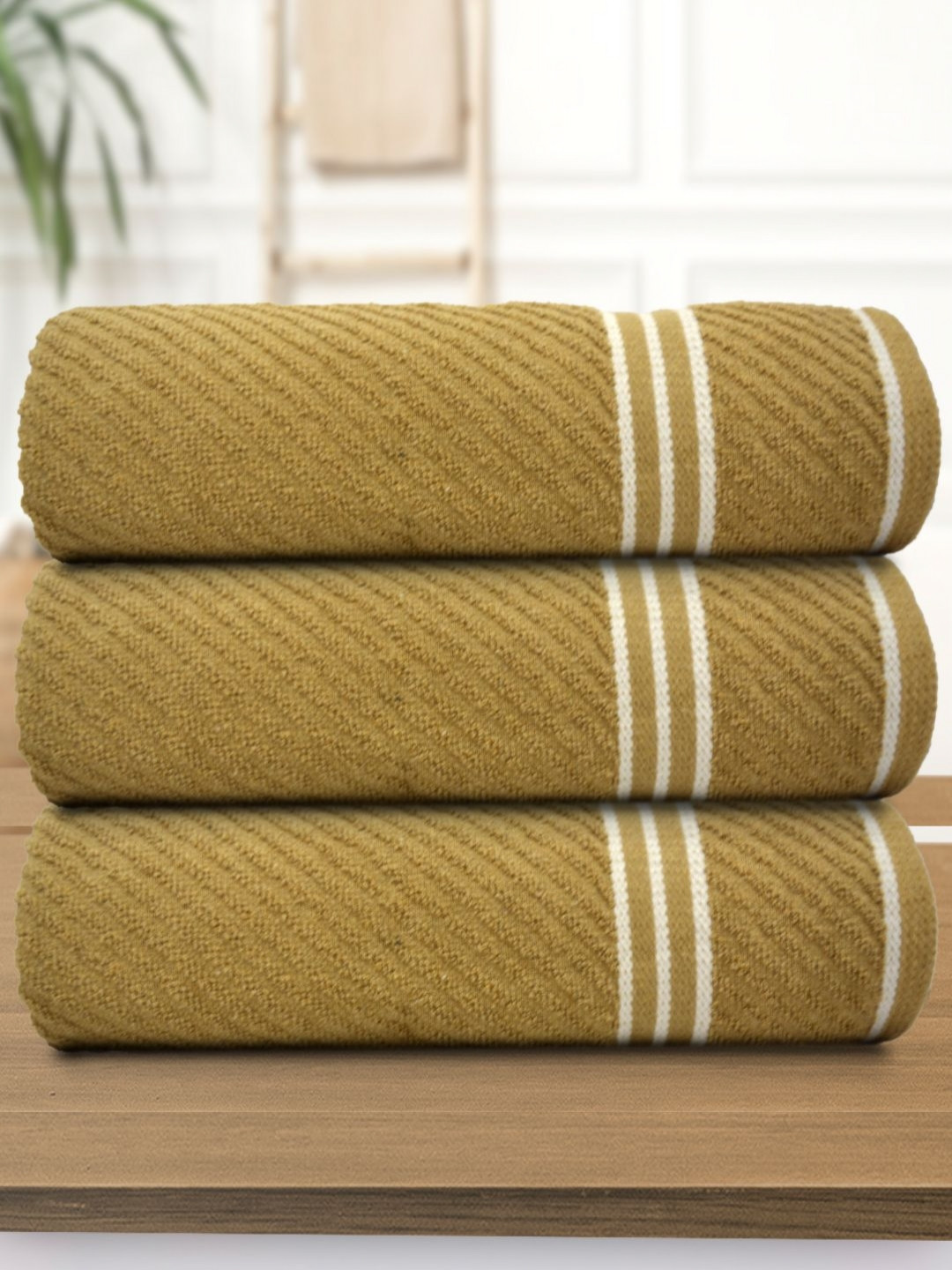 Myntra Elegant Homes Beige And White 3 Pieces Cotton 400 GSM Bath Towels