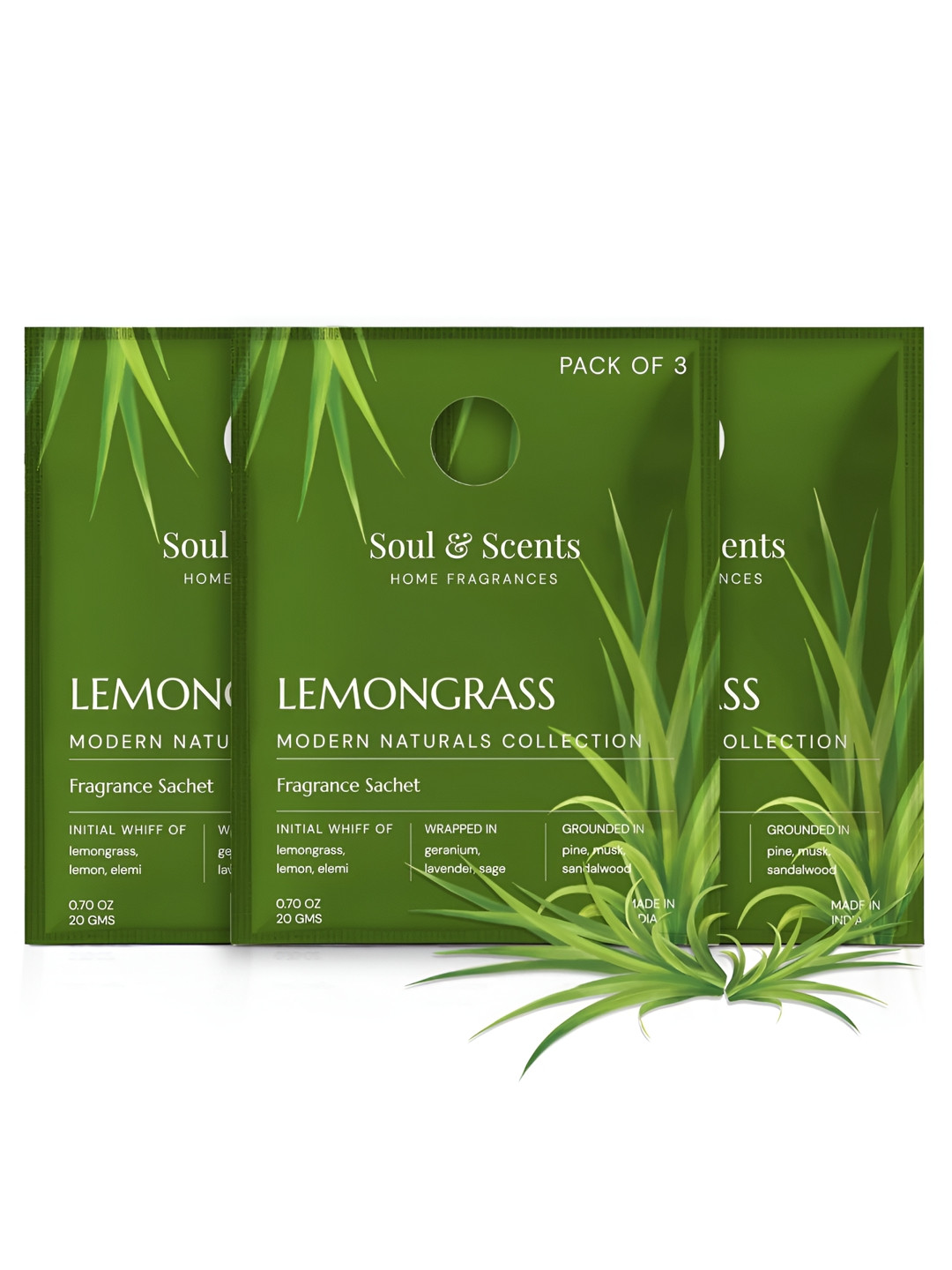 SOUL & SCENTS Pack of 3 Lemongrass Fragrance Sachet 20g Each