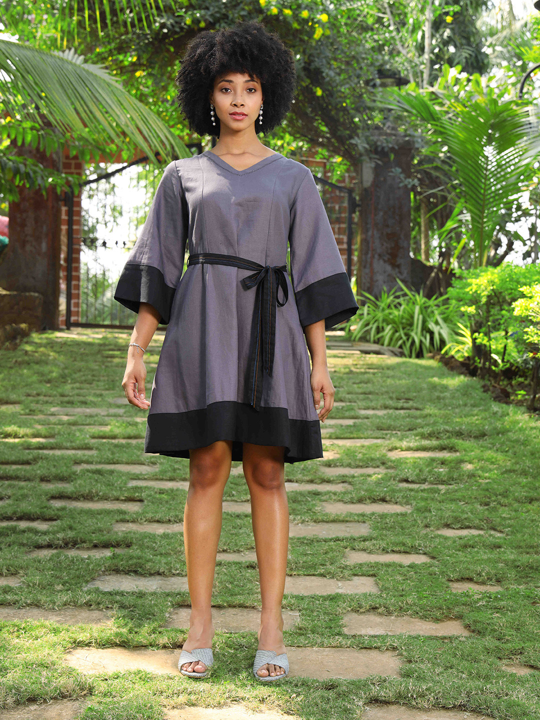 ROAR FOR GOOD Women Comfort Fit V-Neck Hemp Fit & Flare Dress