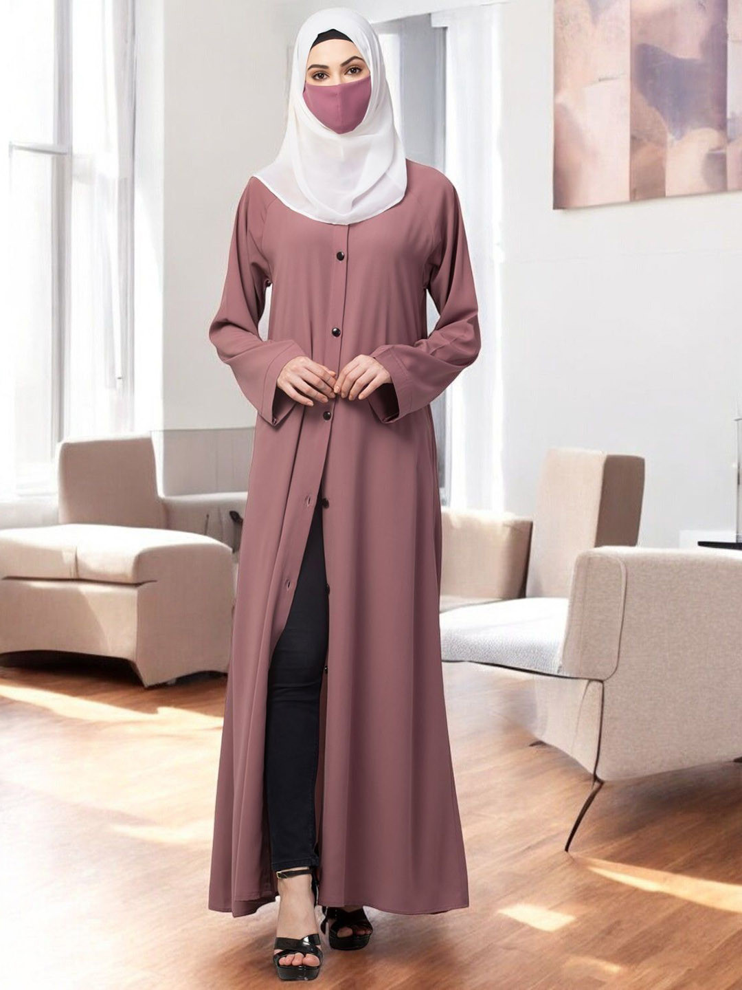 BASHARIYA Front Open Abaya With Contrast Buttons