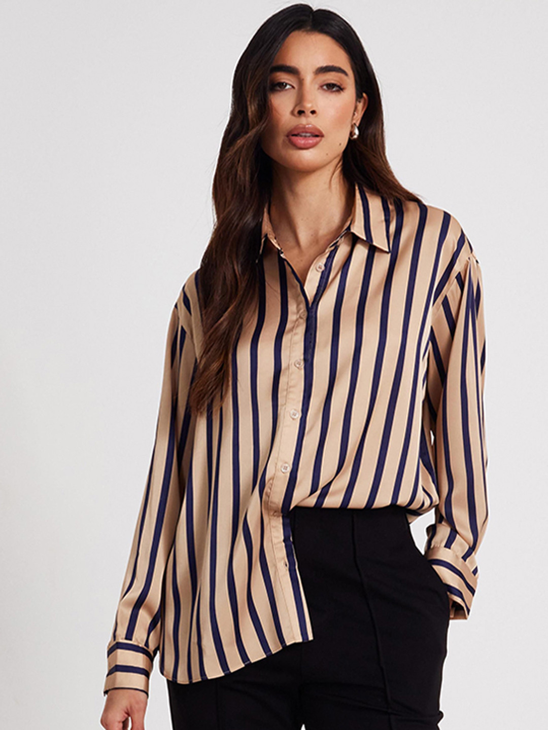 QUIZ Striped Shirt Style Longline Top