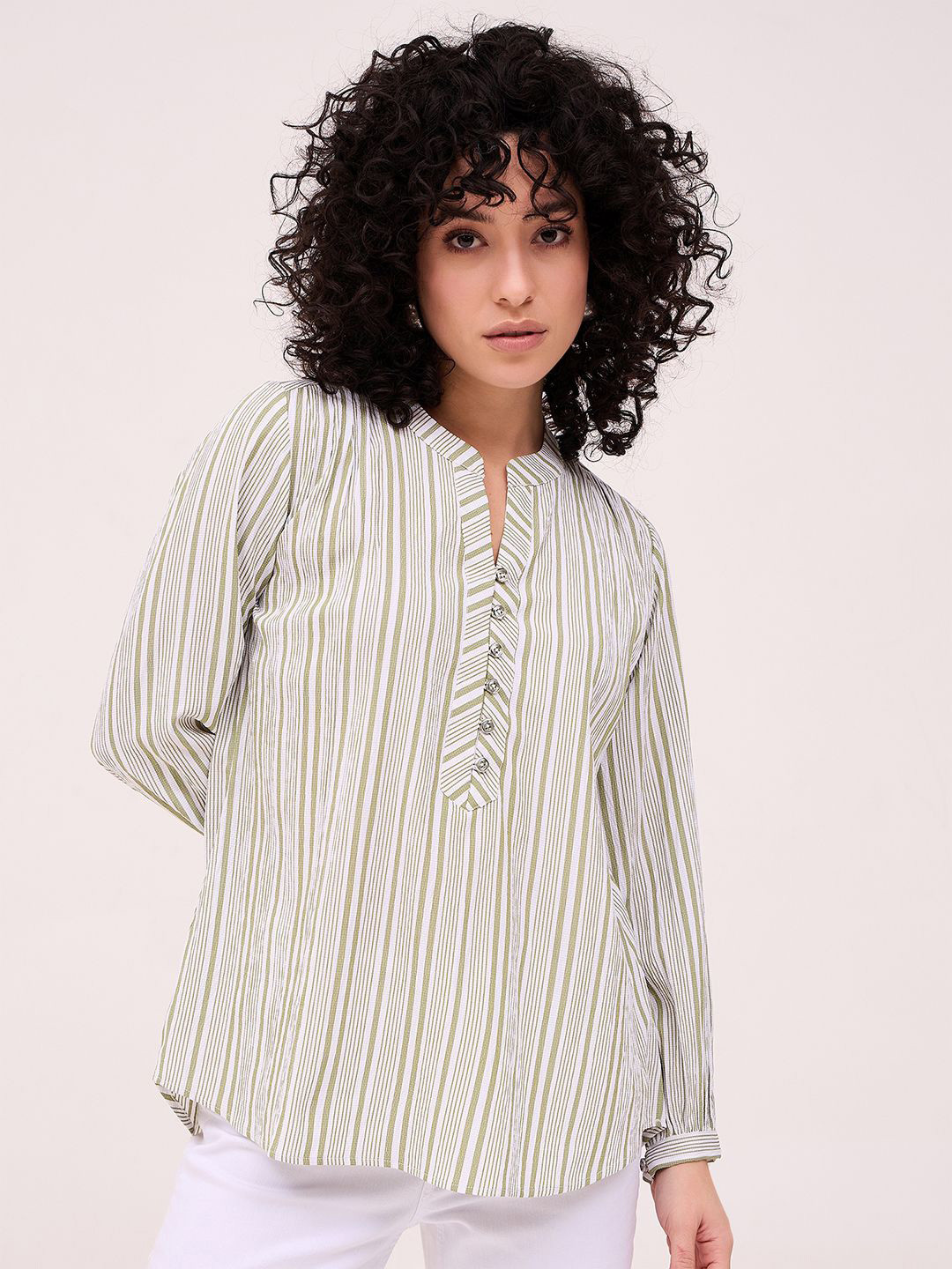 CORSICA Striped Mandarin Collar Shirt Style Top