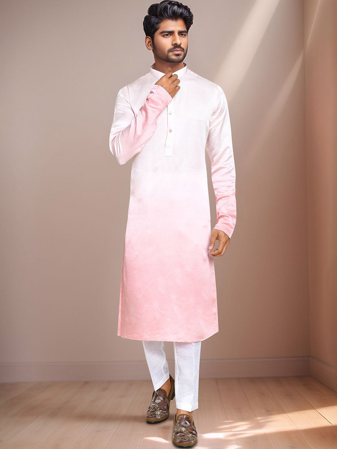 Arihant Rai Sinha Dyed Ombre Mandarin Collar Satin Straight Kurta With Trousers