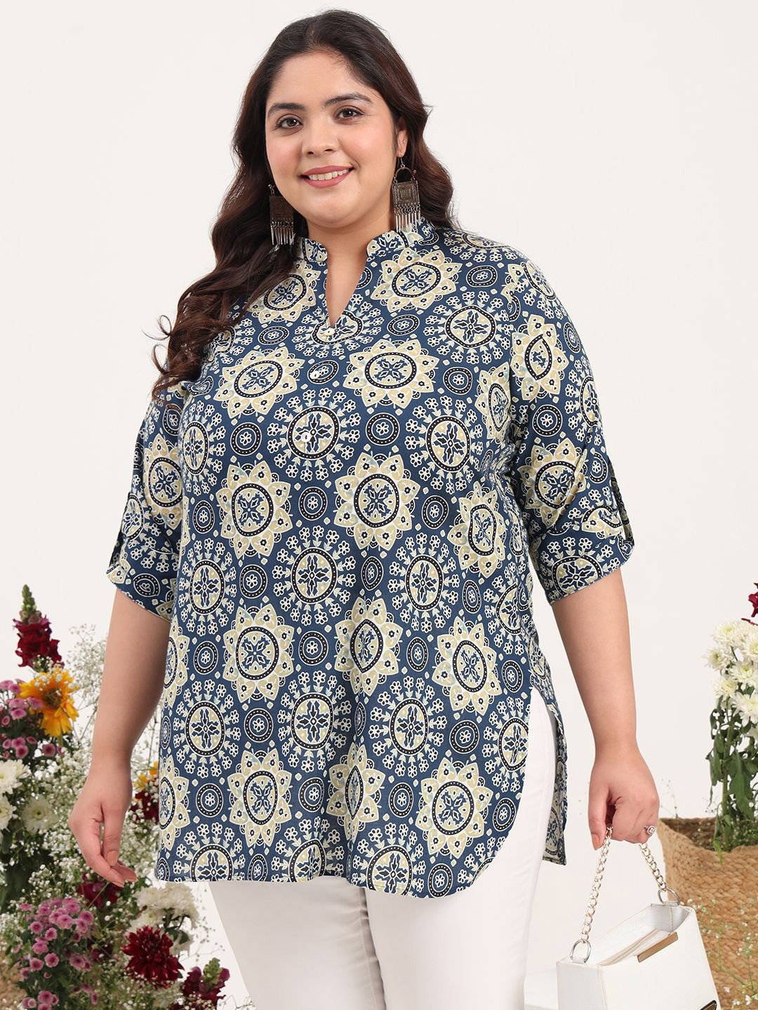 Tissu Women Plus Size Floral Printed Mandarin Collar Pure Cotton Kurti