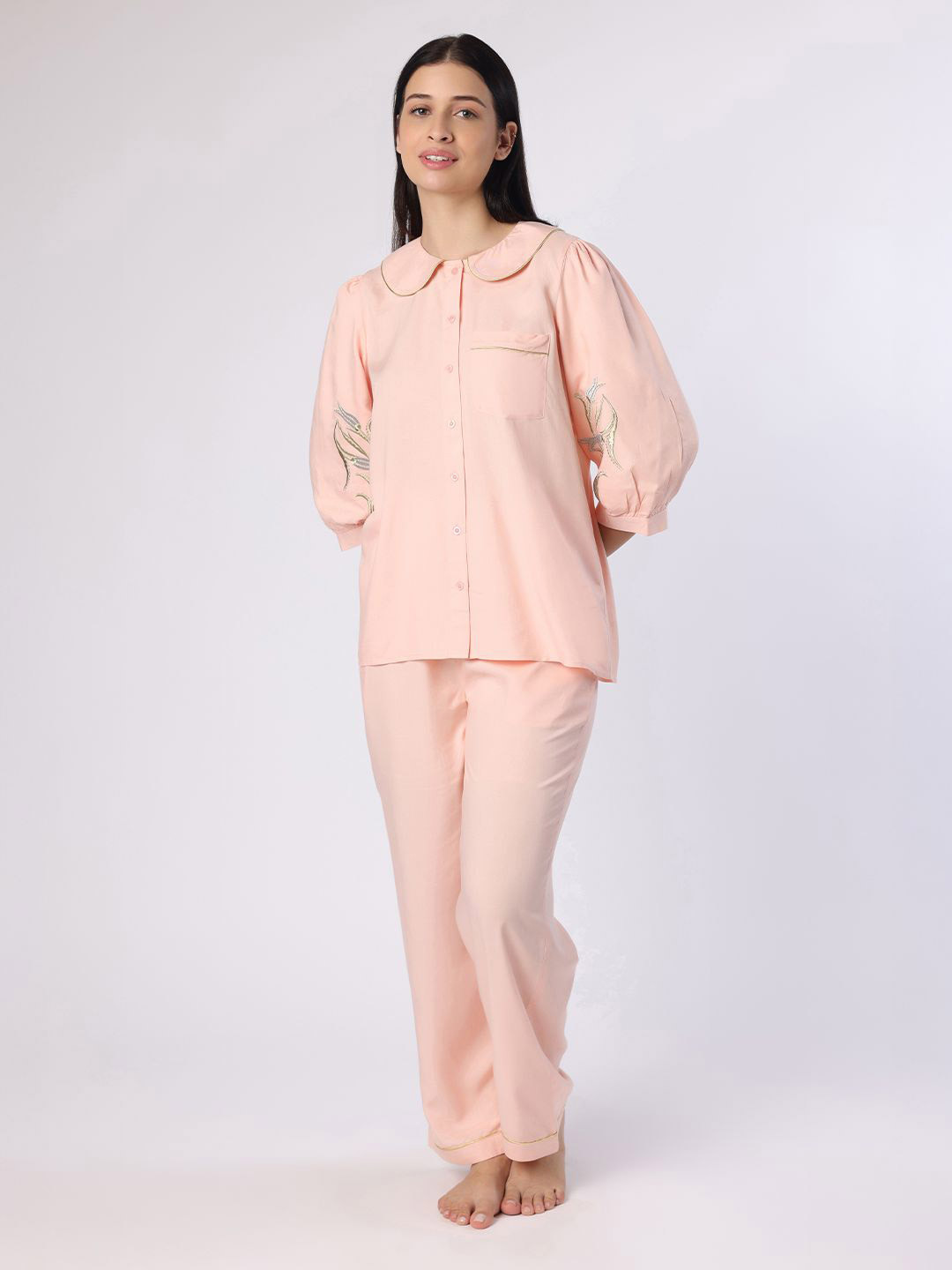 BLANC9 Women Pink Nightwear With Gold-Silver Floral Embroidery