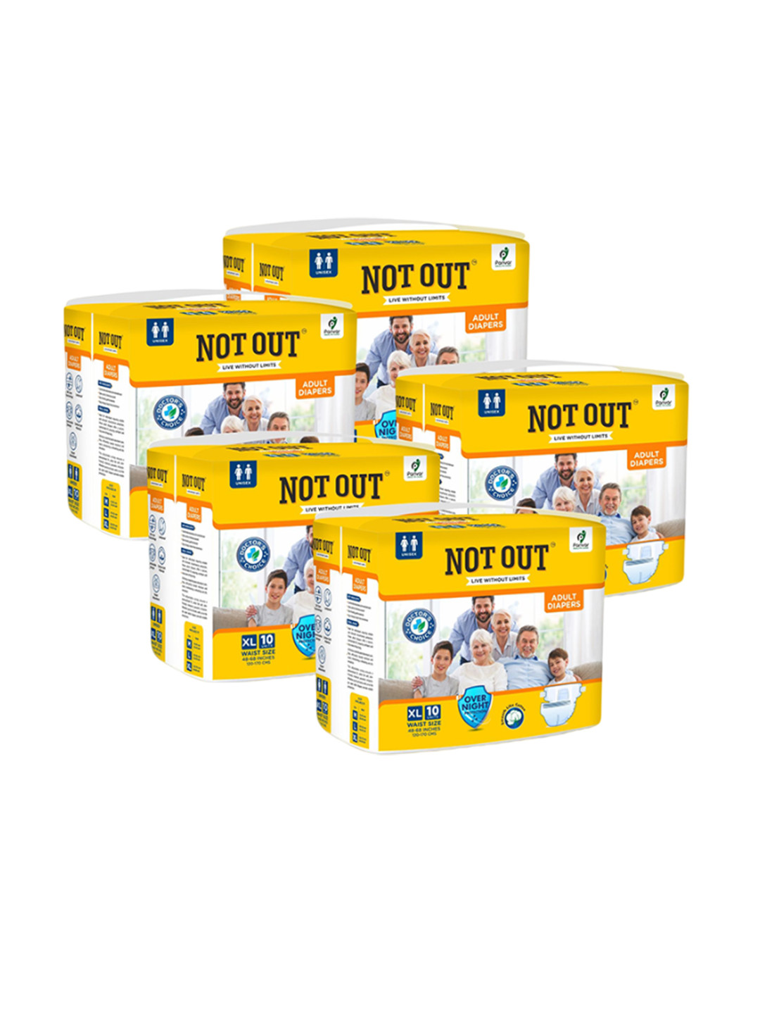 Not Out Set Of 5 3D Core Technology Adult Diapers- 10 Pieces Each - XL