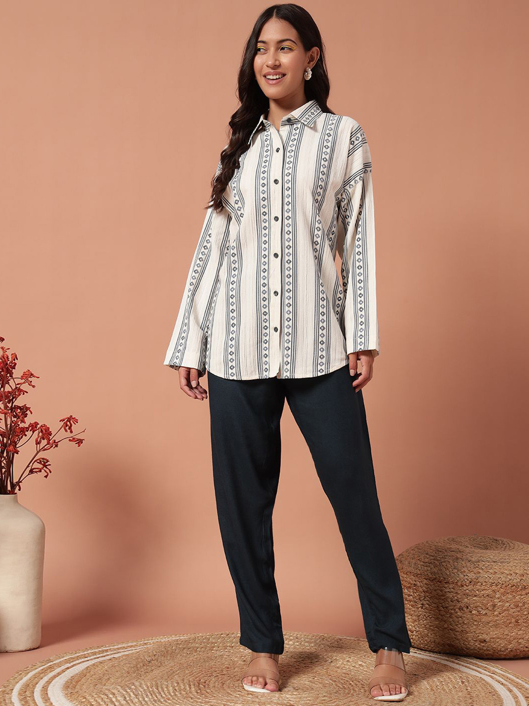 Plagg Printed Shirt Collar Neck Shirt With Trousers Co-Ords