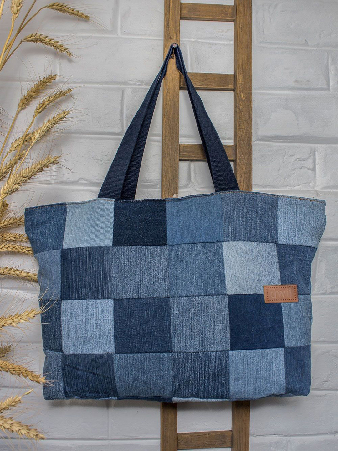DWIJ Women Upcycled Denim Checked Tote Bag
