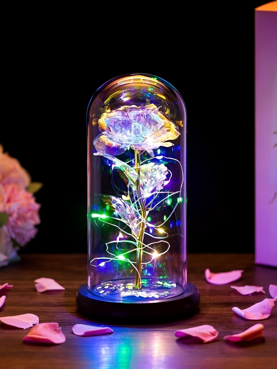 DWIZA ENTERPRISE Artificial Rose in Dome Purple Glass Glossy Living Room Lights Medium Showpiece - 2.4 Inches