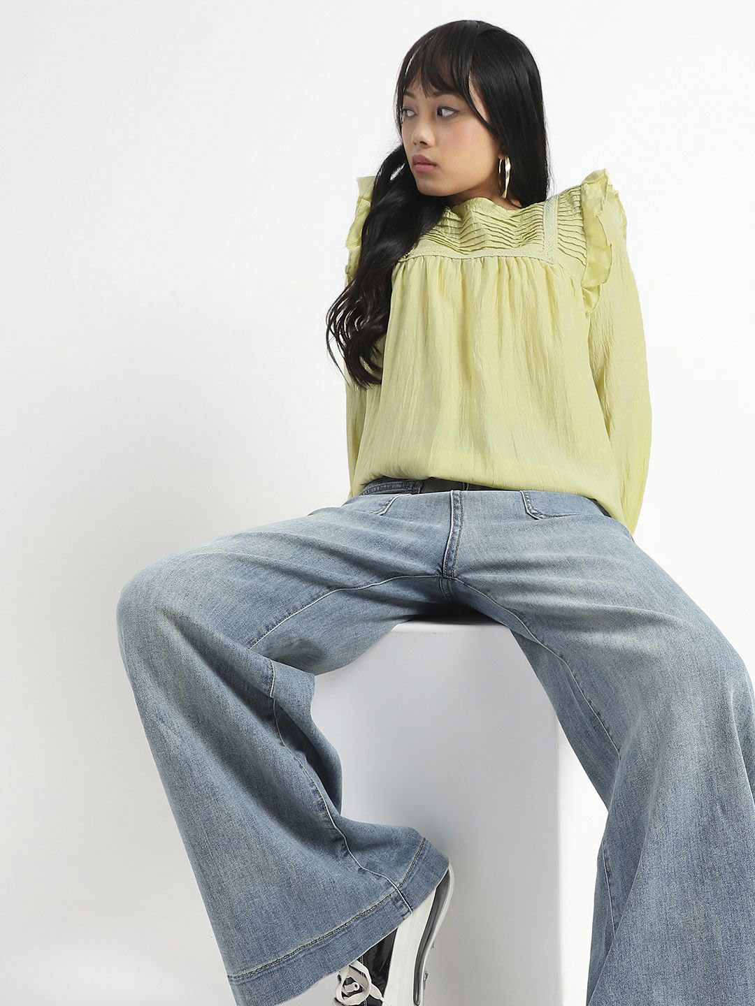 Sera Women Lime Green Pleated Yoke Ruffle Top