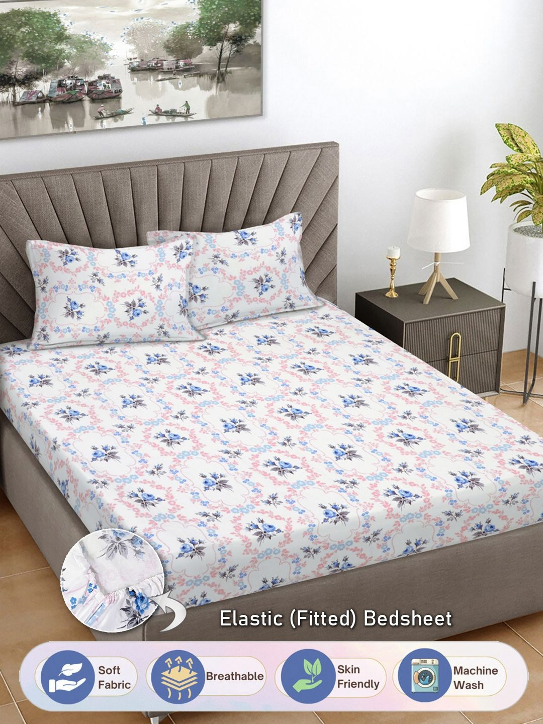 Myntra Elegant Homes White Floral Cotton Skin-Friendly 300 TC Fitted King Fine Bedsheet with 2 Pillow Covers-250 x 255 cm