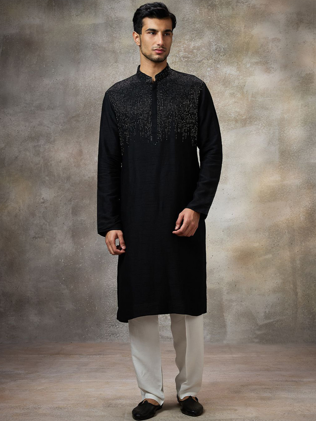 Rivaar By Rocky Star Striped Yoke Design Mandarin Collar Sequinned Kurta And Pyjamas