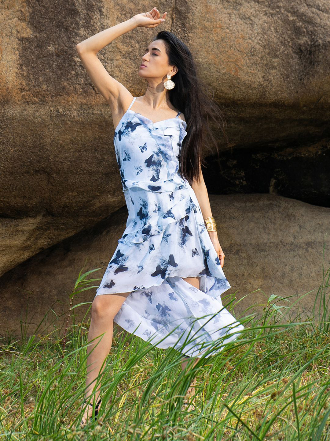 PINACOLADAWomen's Navy Blue Blurry Butterfly Fit and Flare Dress