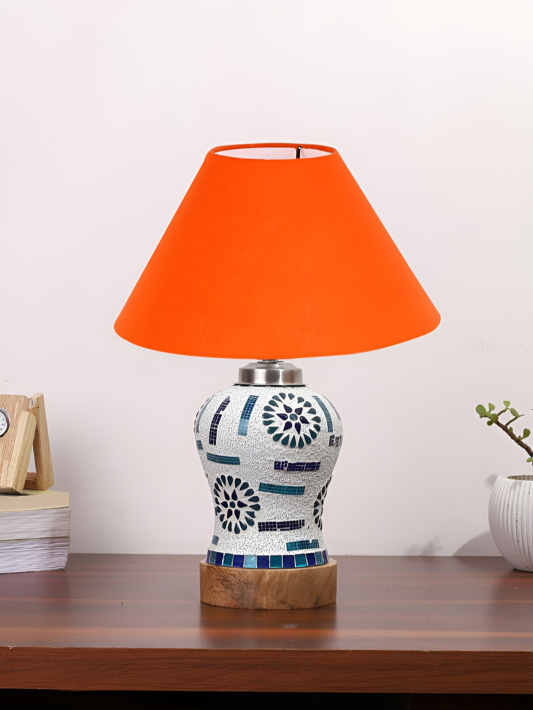 Aura Conical Orange Colored & White Printed Glass Frustum Shaped Table Lamp